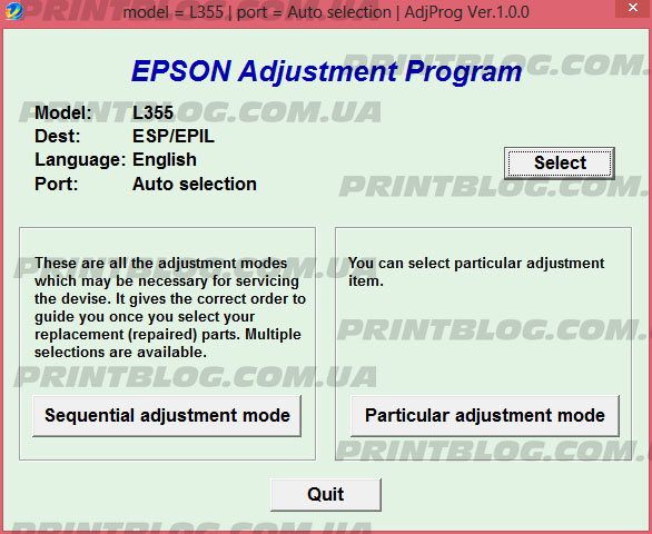 Adjustment program Epson L110, L210, L300, L350, L355