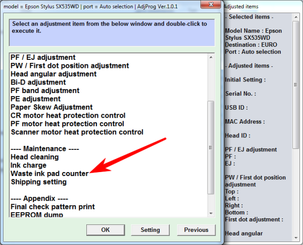 Adjustment program Epson SX535WD, Office BX535WD (Сброс памперса)