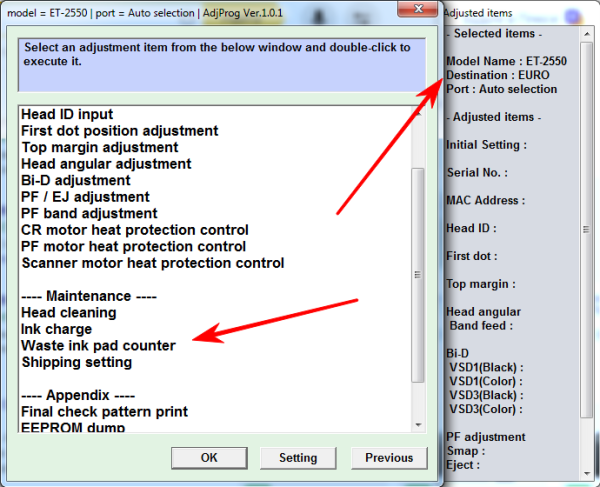 Adjustment program Epson ET-2500, ET-2550 (Сброс памперса)