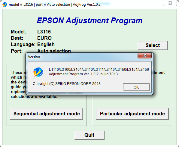 Adjustment program Epson L1110, L3100, L3101, L3110, L3111, L3116, L3150, L3151, L3156, L5190 (Сброс памперса)