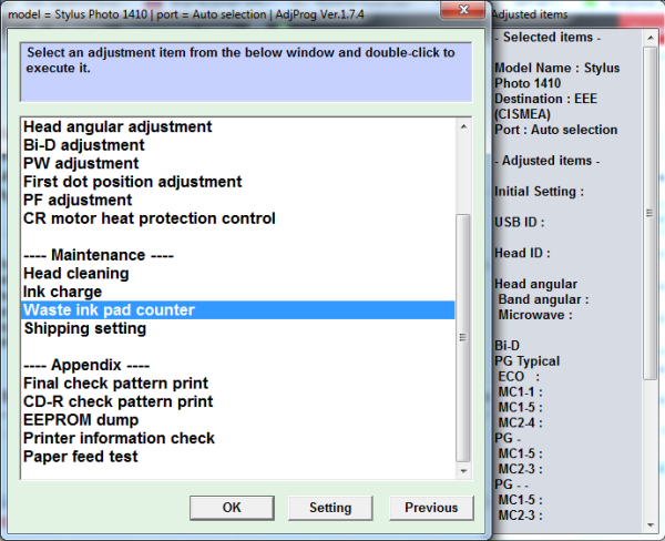 Adjustment program Epson Stylus Photo 1410 (Полная версия)